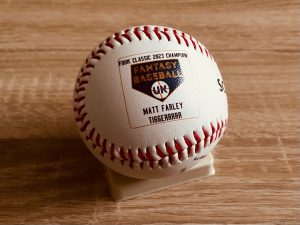 Baseball printed with FBUK logo and name of 2023 FBUK Classic Champion, Tiggerrrrr.