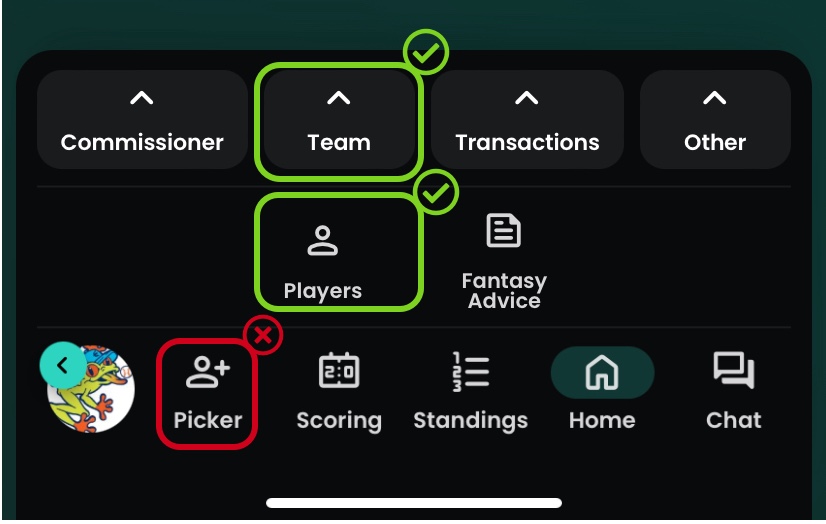 Screenshot of Player Picker menu location in Fantrax mobile app