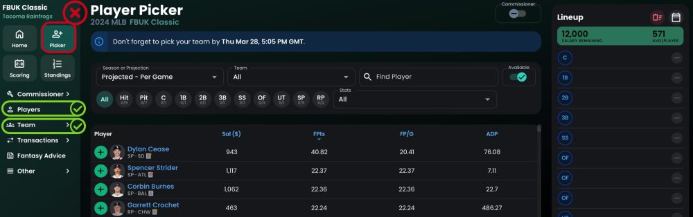 Screenshot of Player Picker page on Fantrax website