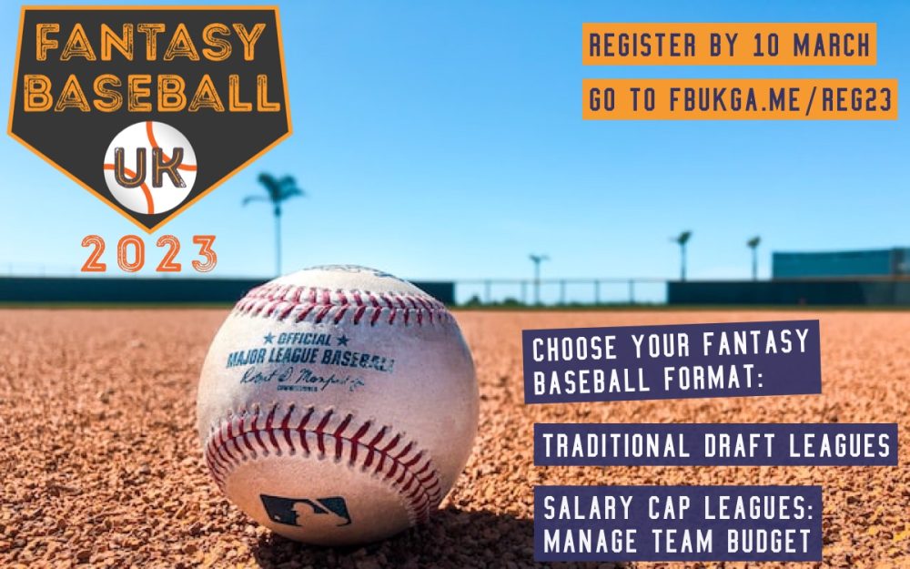 Graphic promoting 2023 fantasy league registration, showing a baseball on red dirt field