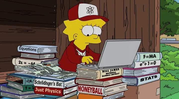 Lisa from The Simpsons researching baseball books and stats