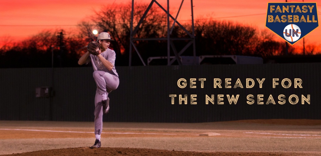 Baseball pitcher throwing from mound with evening sunset behind. Text: Get ready for the new season.